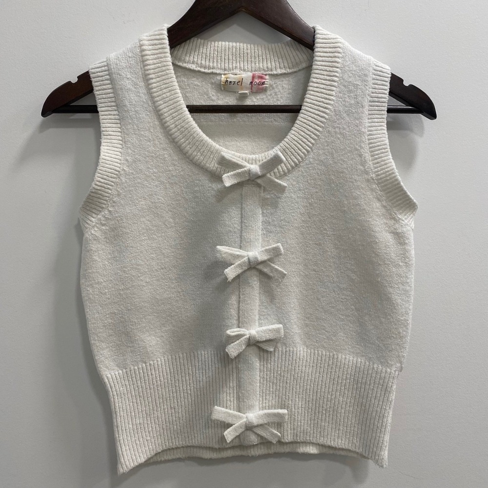 Hazel Moon Sweater Vest Women S White Bow Front Knit Sleeveless Crew Neck Cozy